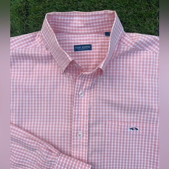 Fish Hippie Men's Long Sleeve Button-Up Shirt, Size M, Plaid, Peach/White - Picture 2 of 9